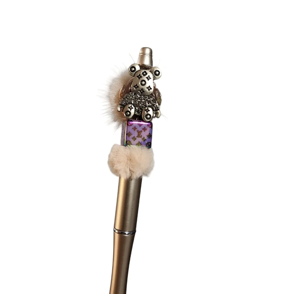 Fashion Fancy Bear Fur Beaded Ballpoint Twist Pen Metallic Gold Topper